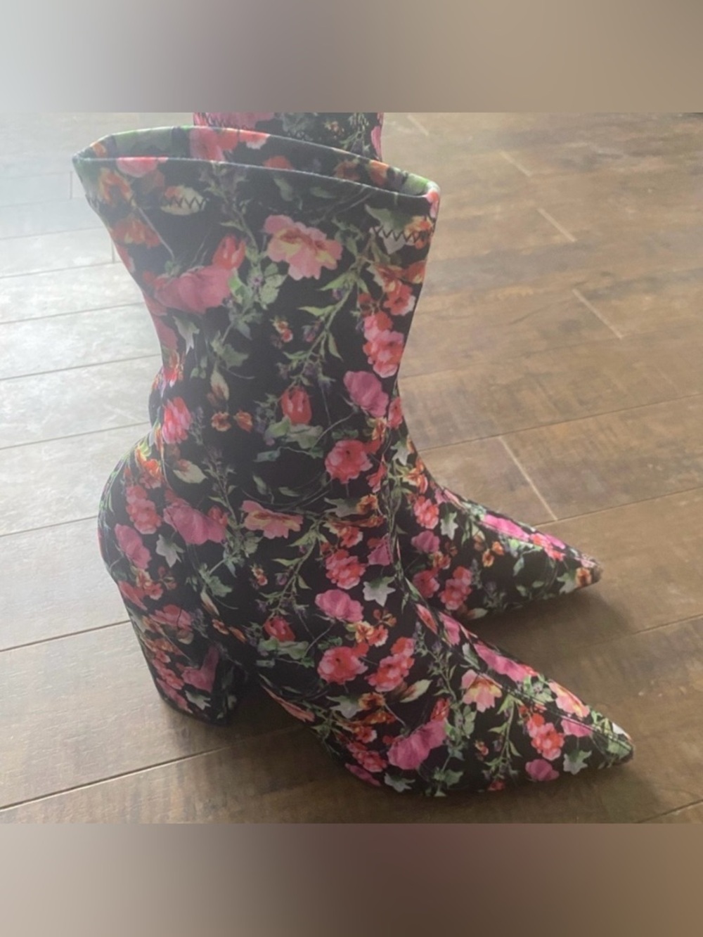 Steve Madden Lombard Floral Sock Boots Pointed Toe Block Heel 9 - Picture 11 of 11